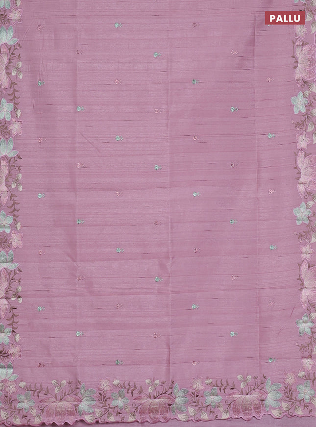 Semi raw silk saree pastel pink with embroidery work buttas and embroidery border