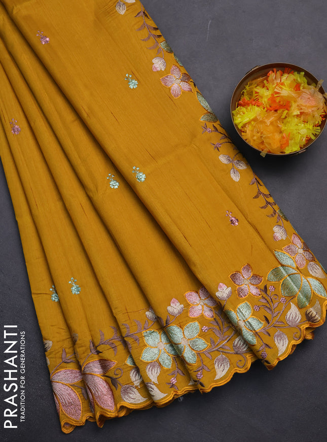 Semi raw silk saree mustard yellow with embroidery work buttas and embroidery border