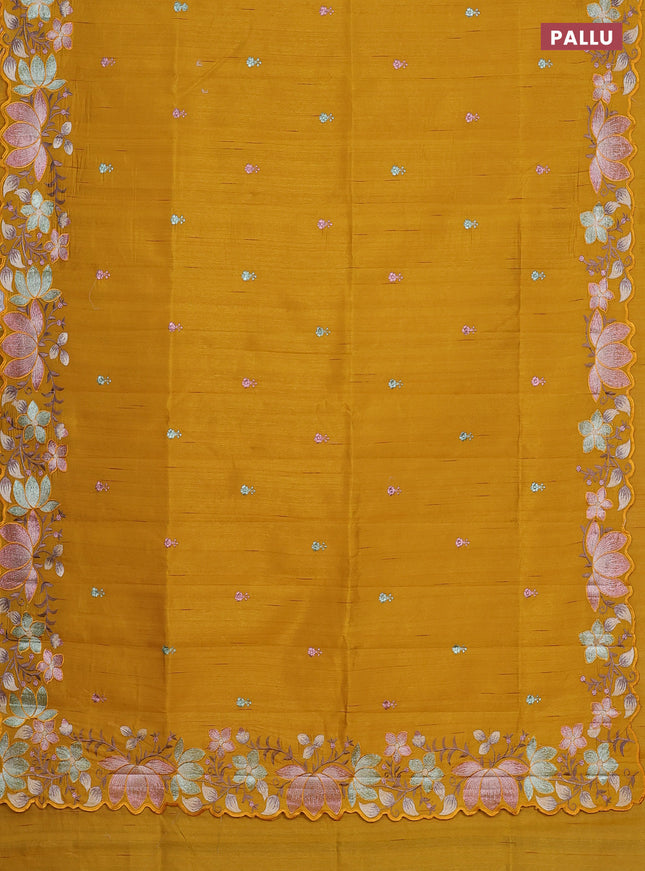 Semi raw silk saree mustard yellow with embroidery work buttas and embroidery border
