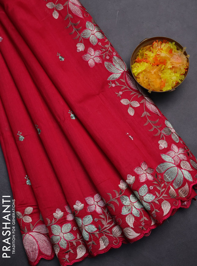 Semi raw silk saree dark pink with embroidery work buttas and embroidery border