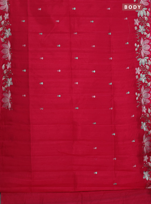 Semi raw silk saree dark pink with embroidery work buttas and embroidery border