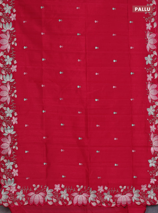 Semi raw silk saree dark pink with embroidery work buttas and embroidery border