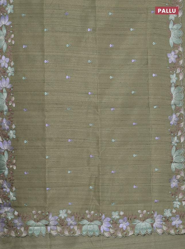 Semi raw silk saree sap green with embroidery work buttas and embroidery border