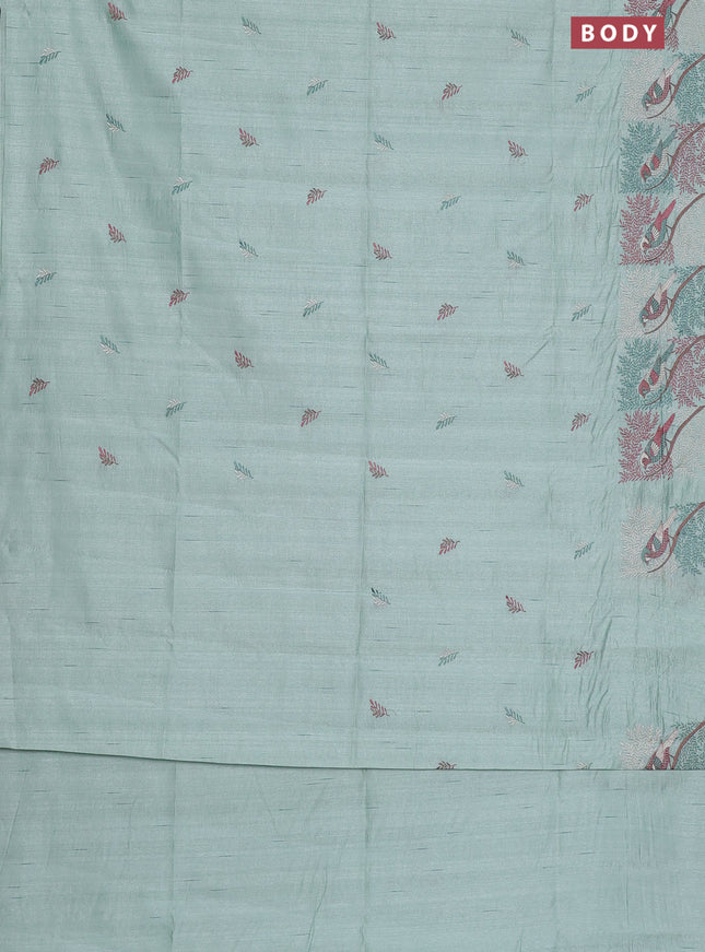 Semi raw silk saree pastel green with embroidery work buttas and embroidery border