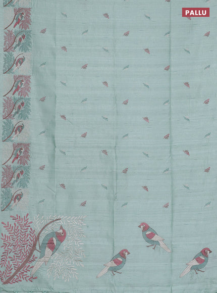 Semi raw silk saree pastel green with embroidery work buttas and embroidery border
