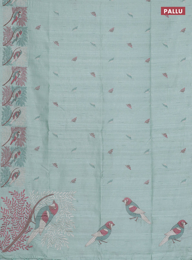 Semi raw silk saree pastel green with embroidery work buttas and embroidery border