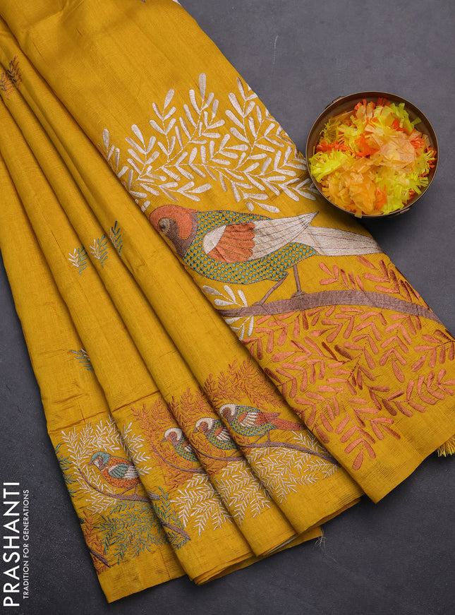 Semi raw silk saree mustard yellow with embroidery work buttas and embroidery border