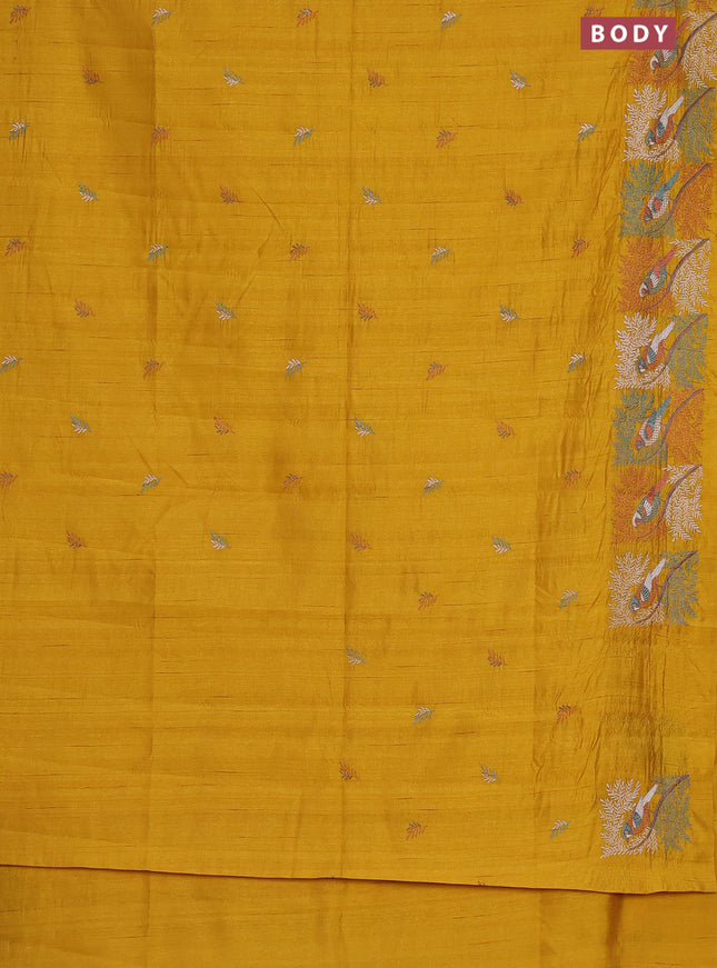 Semi raw silk saree mustard yellow with embroidery work buttas and embroidery border