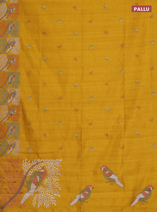 Semi raw silk saree mustard yellow with embroidery work buttas and embroidery border