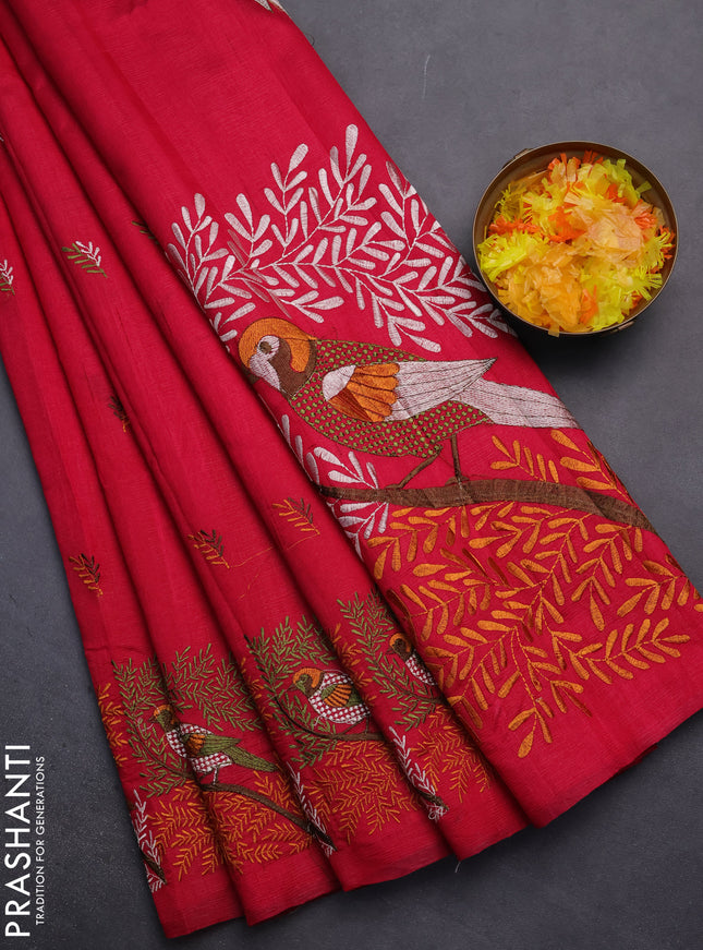 Semi raw silk saree dark pink with embroidery work buttas and embroidery border