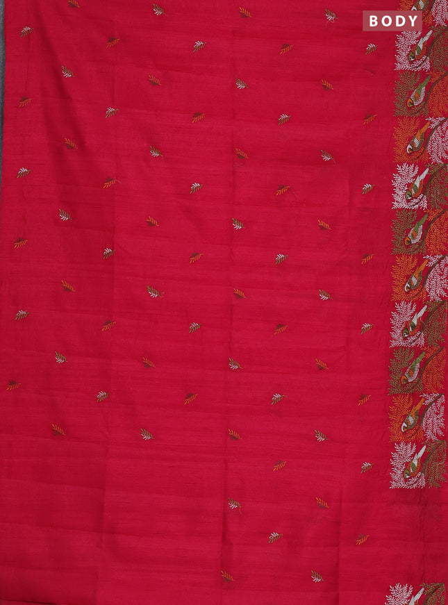 Semi raw silk saree dark pink with embroidery work buttas and embroidery border