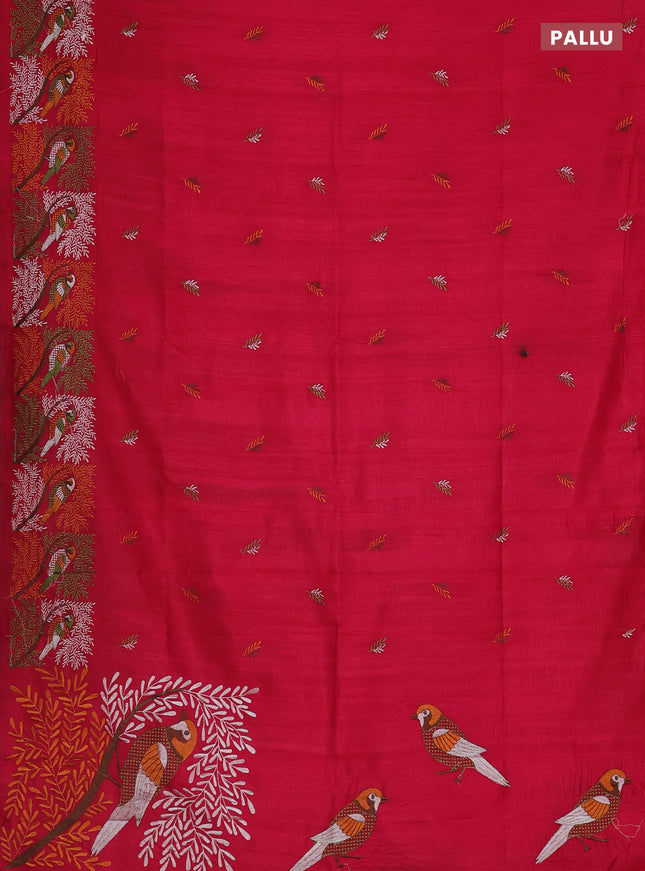 Semi raw silk saree dark pink with embroidery work buttas and embroidery border