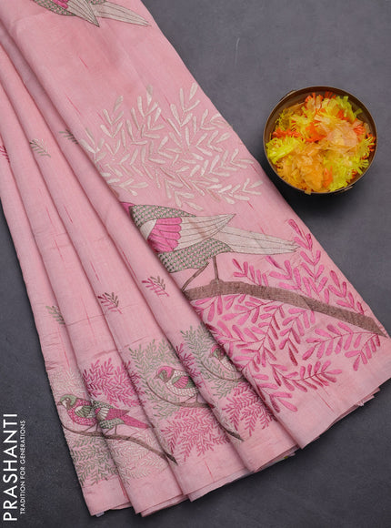 Semi raw silk saree peach shade with embroidery work buttas and embroidery border