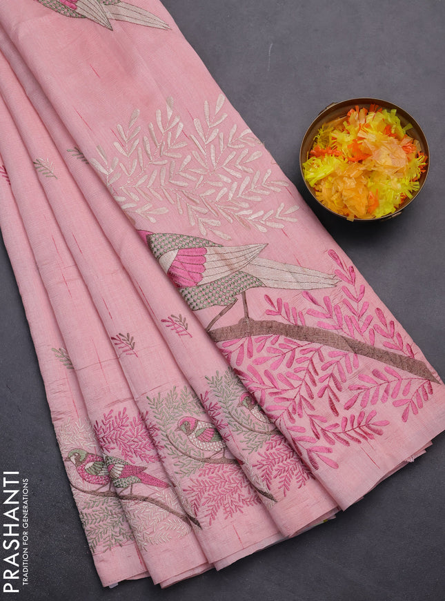 Semi raw silk saree peach shade with embroidery work buttas and embroidery border