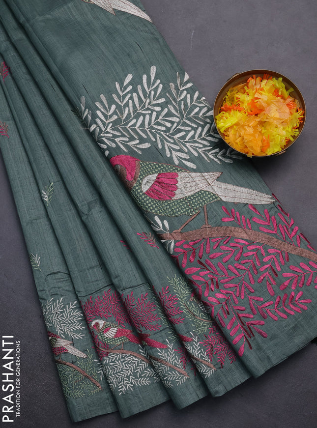 Semi raw silk saree greysih green with embroidery work buttas and embroidery border