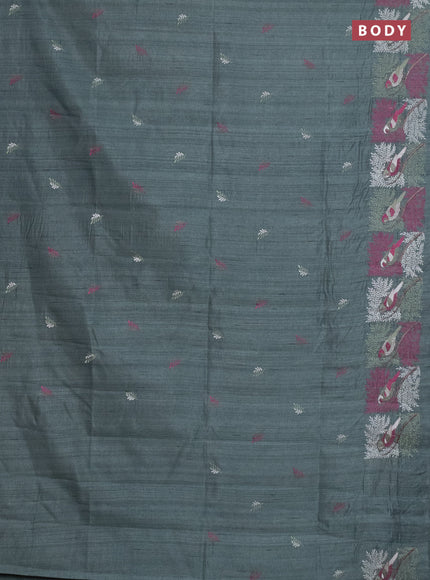 Semi raw silk saree greysih green with embroidery work buttas and embroidery border