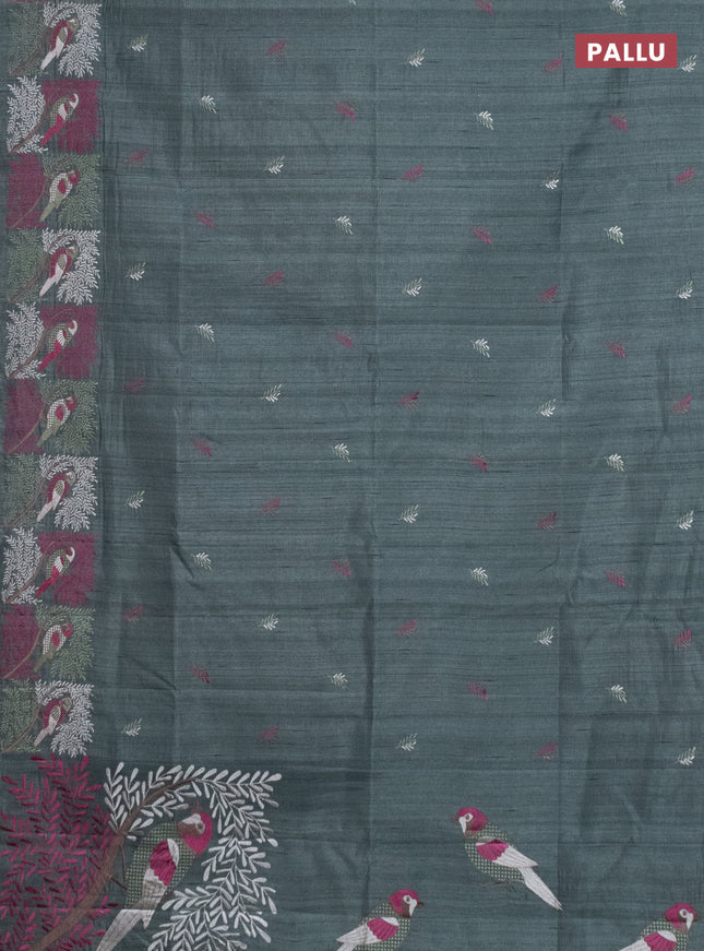 Semi raw silk saree greysih green with embroidery work buttas and embroidery border