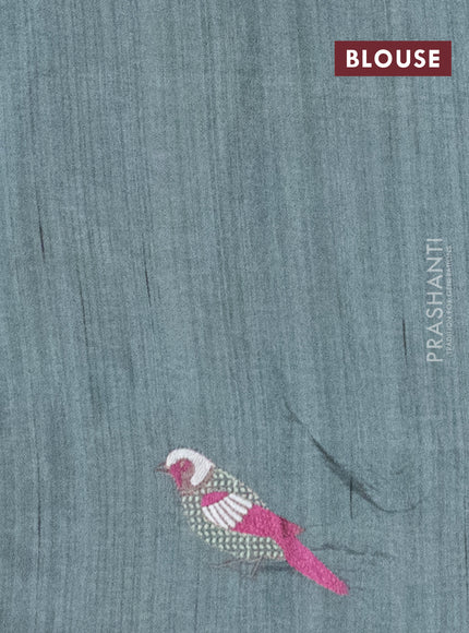 Semi raw silk saree greysih green with embroidery work buttas and embroidery border