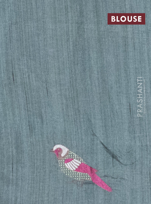 Semi raw silk saree greysih green with embroidery work buttas and embroidery border