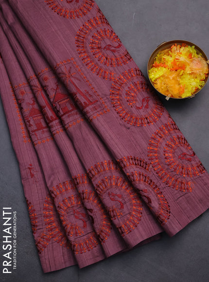 Semi raw silk saree rosy brown with embroidery work buttas and warli design embroidery border