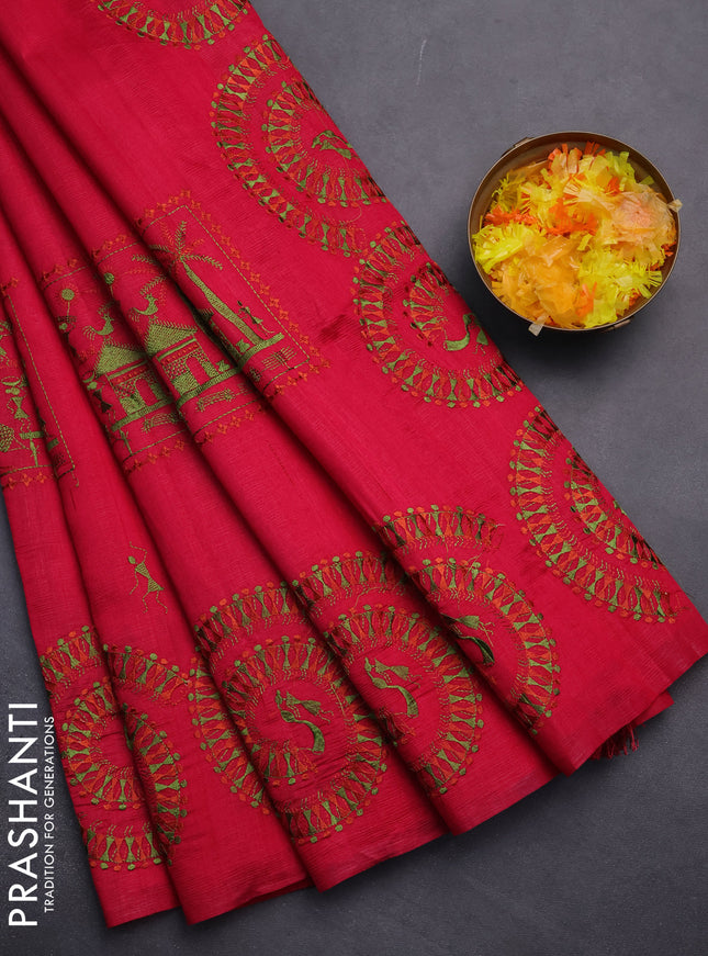 Semi raw silk saree dark pink with embroidery work buttas and warli design embroidery border