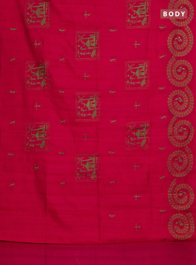 Semi raw silk saree dark pink with embroidery work buttas and warli design embroidery border