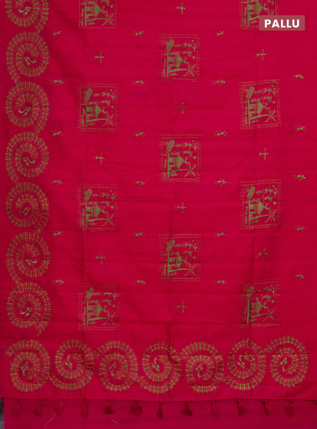 Semi raw silk saree dark pink with embroidery work buttas and warli design embroidery border
