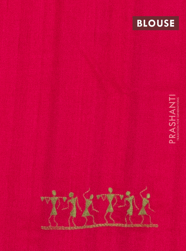 Semi raw silk saree dark pink with embroidery work buttas and warli design embroidery border