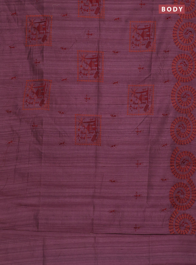 Semi raw silk saree rosy brown with embroidery work buttas and warli design embroidery border