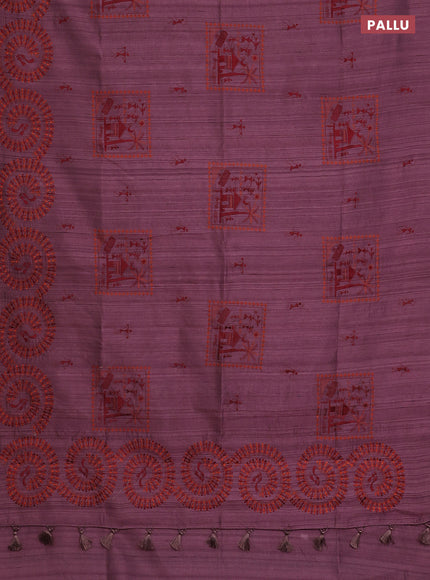Semi raw silk saree rosy brown with embroidery work buttas and warli design embroidery border