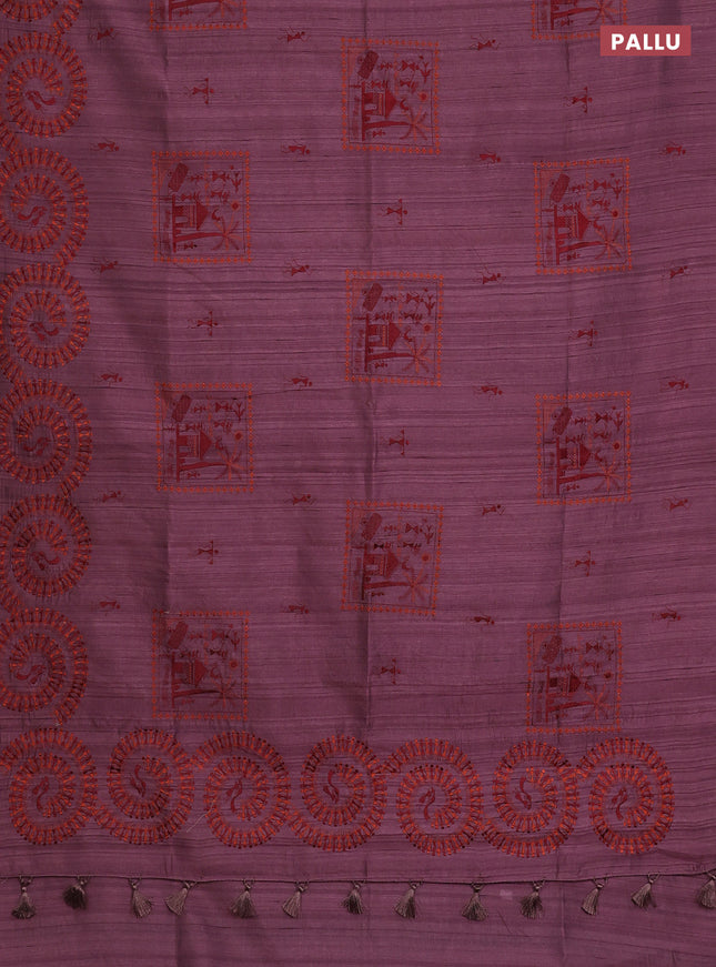 Semi raw silk saree rosy brown with embroidery work buttas and warli design embroidery border
