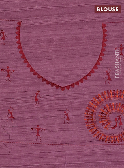 Semi raw silk saree rosy brown with embroidery work buttas and warli design embroidery border