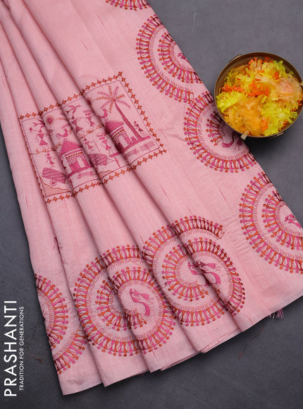 Semi raw silk saree peach shade with embroidery work buttas and warli design embroidery border