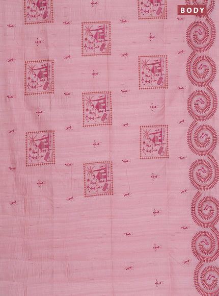 Semi raw silk saree peach shade with embroidery work buttas and warli design embroidery border