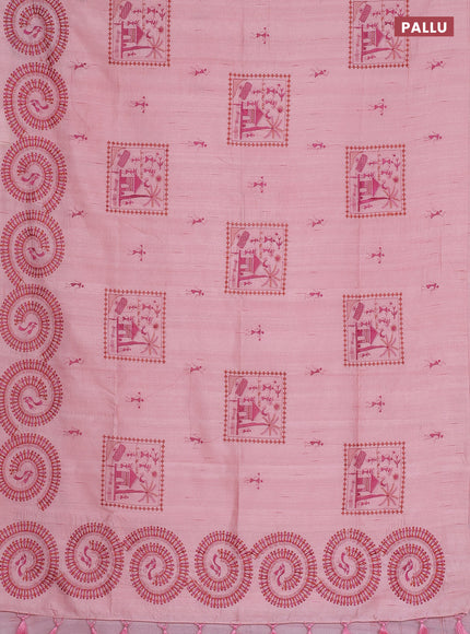 Semi raw silk saree peach shade with embroidery work buttas and warli design embroidery border