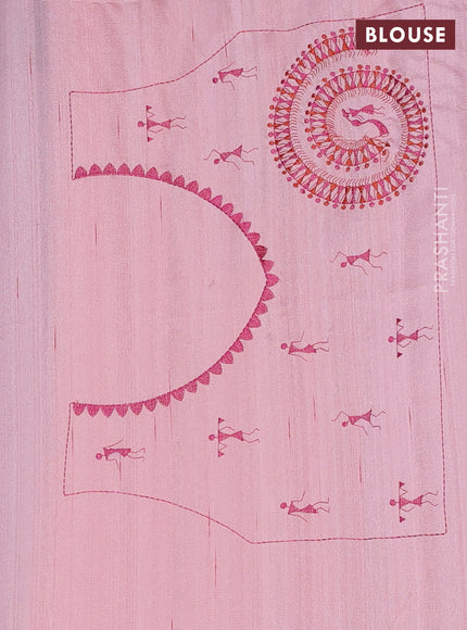 Semi raw silk saree peach shade with embroidery work buttas and warli design embroidery border