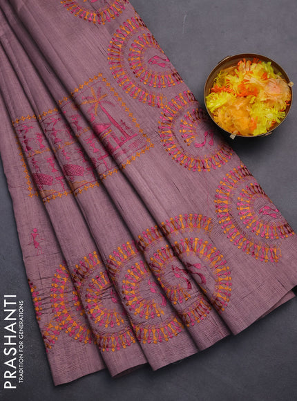 Semi raw silk saree pastel pueple shade with embroidery work buttas and warli design embroidery border