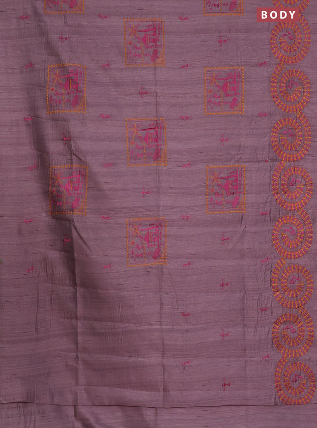 Semi raw silk saree pastel pueple shade with embroidery work buttas and warli design embroidery border