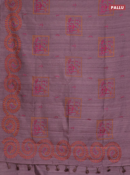 Semi raw silk saree pastel pueple shade with embroidery work buttas and warli design embroidery border