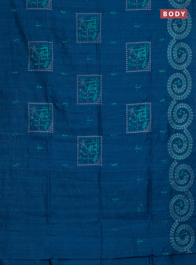 Semi raw silk saree dark peacock blue with embroidery work buttas and warli design embroidery border