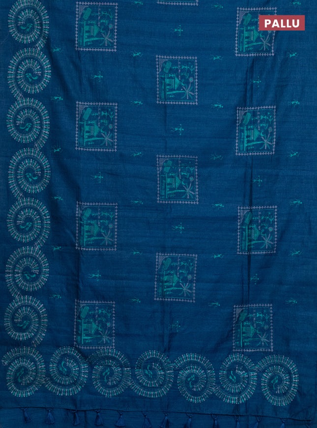 Semi raw silk saree dark peacock blue with embroidery work buttas and warli design embroidery border