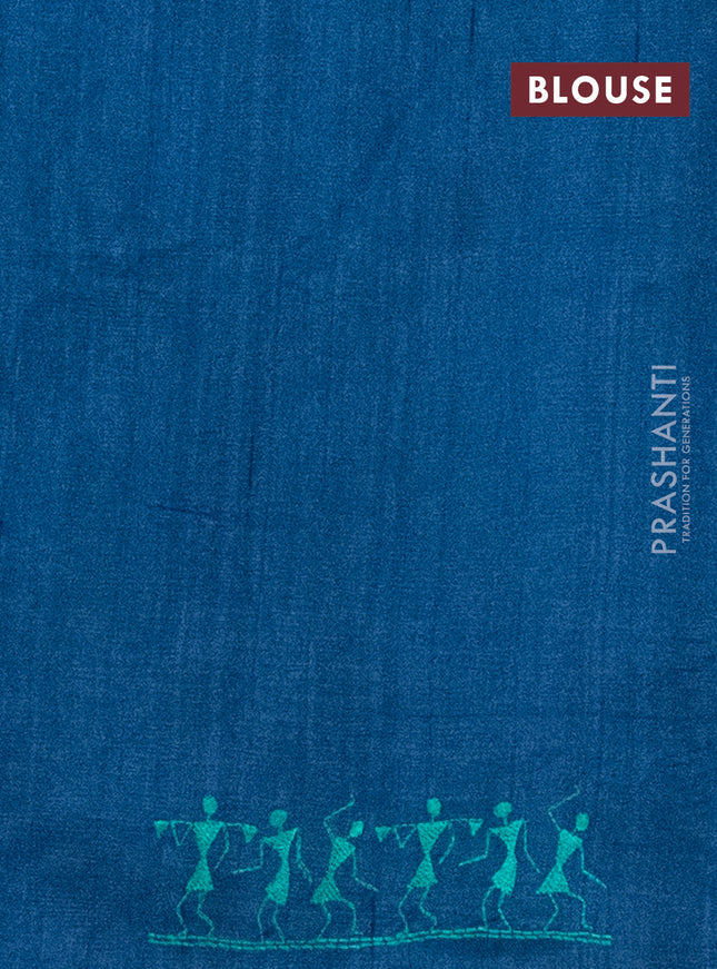 Semi raw silk saree dark peacock blue with embroidery work buttas and warli design embroidery border