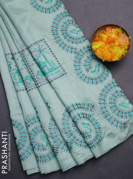 Semi raw silk saree pastel green with embroidery work buttas and warli design embroidery border