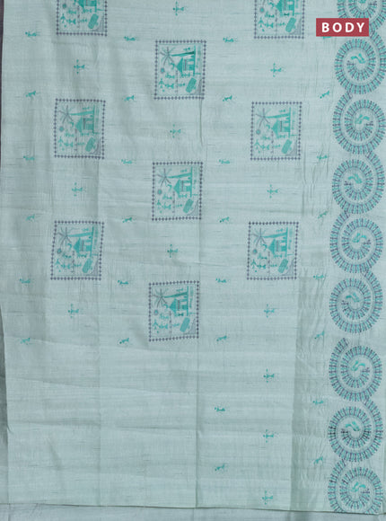 Semi raw silk saree pastel green with embroidery work buttas and warli design embroidery border