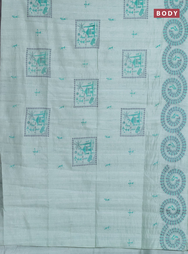 Semi raw silk saree pastel green with embroidery work buttas and warli design embroidery border