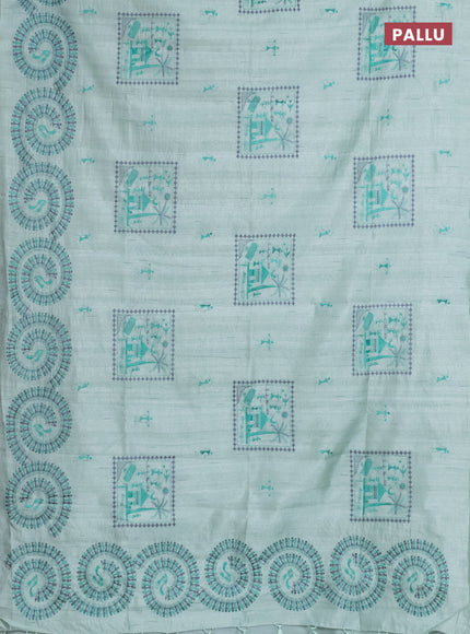 Semi raw silk saree pastel green with embroidery work buttas and warli design embroidery border