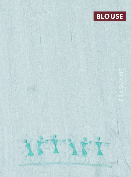 Semi raw silk saree pastel green with embroidery work buttas and warli design embroidery border