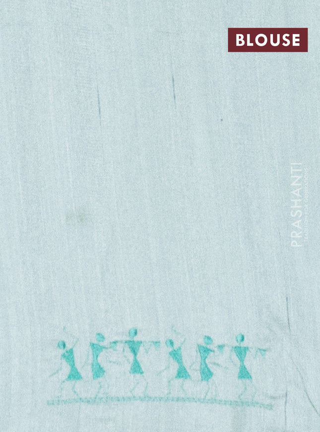 Semi raw silk saree pastel green with embroidery work buttas and warli design embroidery border