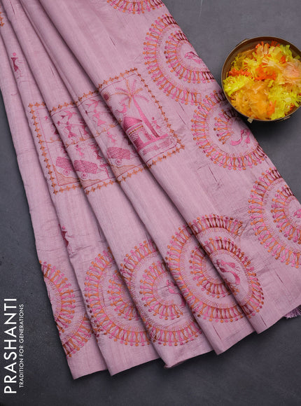 Semi raw silk saree pastel pink with embroidery work buttas and warli design embroidery border