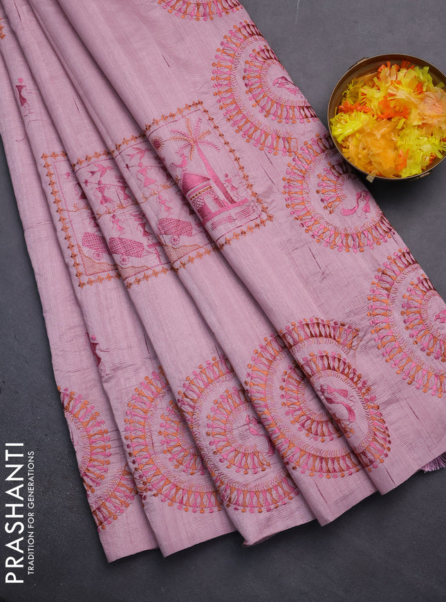 Semi raw silk saree pastel pink with embroidery work buttas and warli design embroidery border